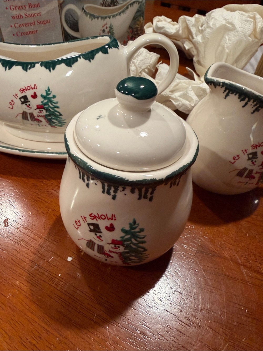 4 piece serving set. Holiday Snowman Ceramic set